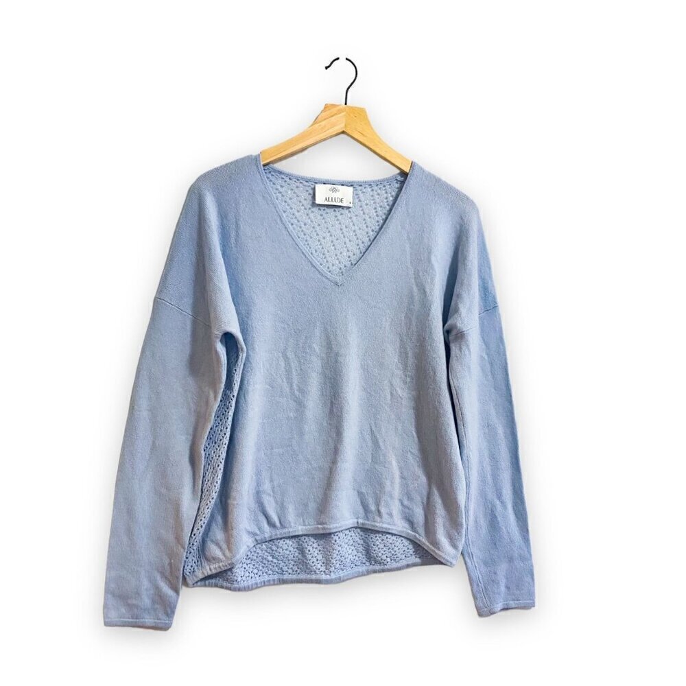 Allude Cashmere Blue V Neck Sweater with Open Weave back